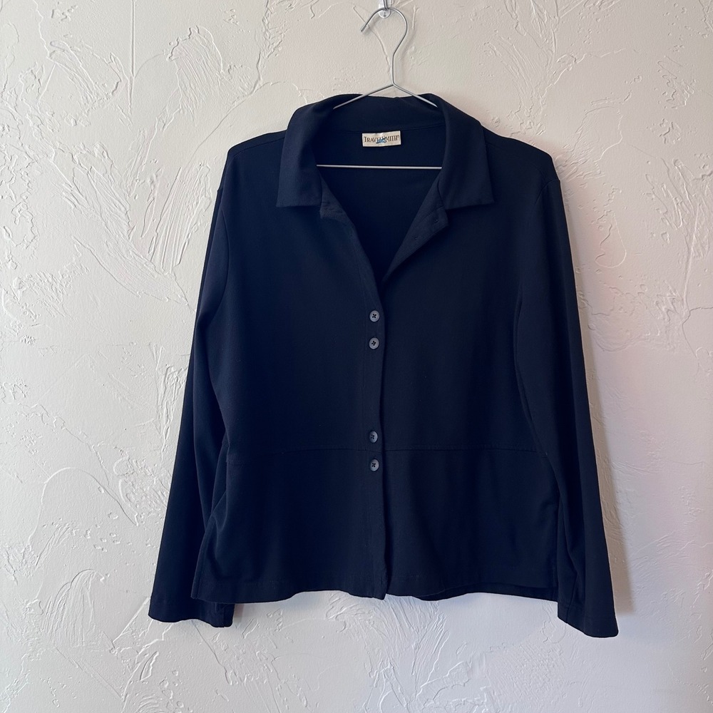 TravelSmith Black Button Front Knit Cardigan Jacket Notched Collar Long Sleeve